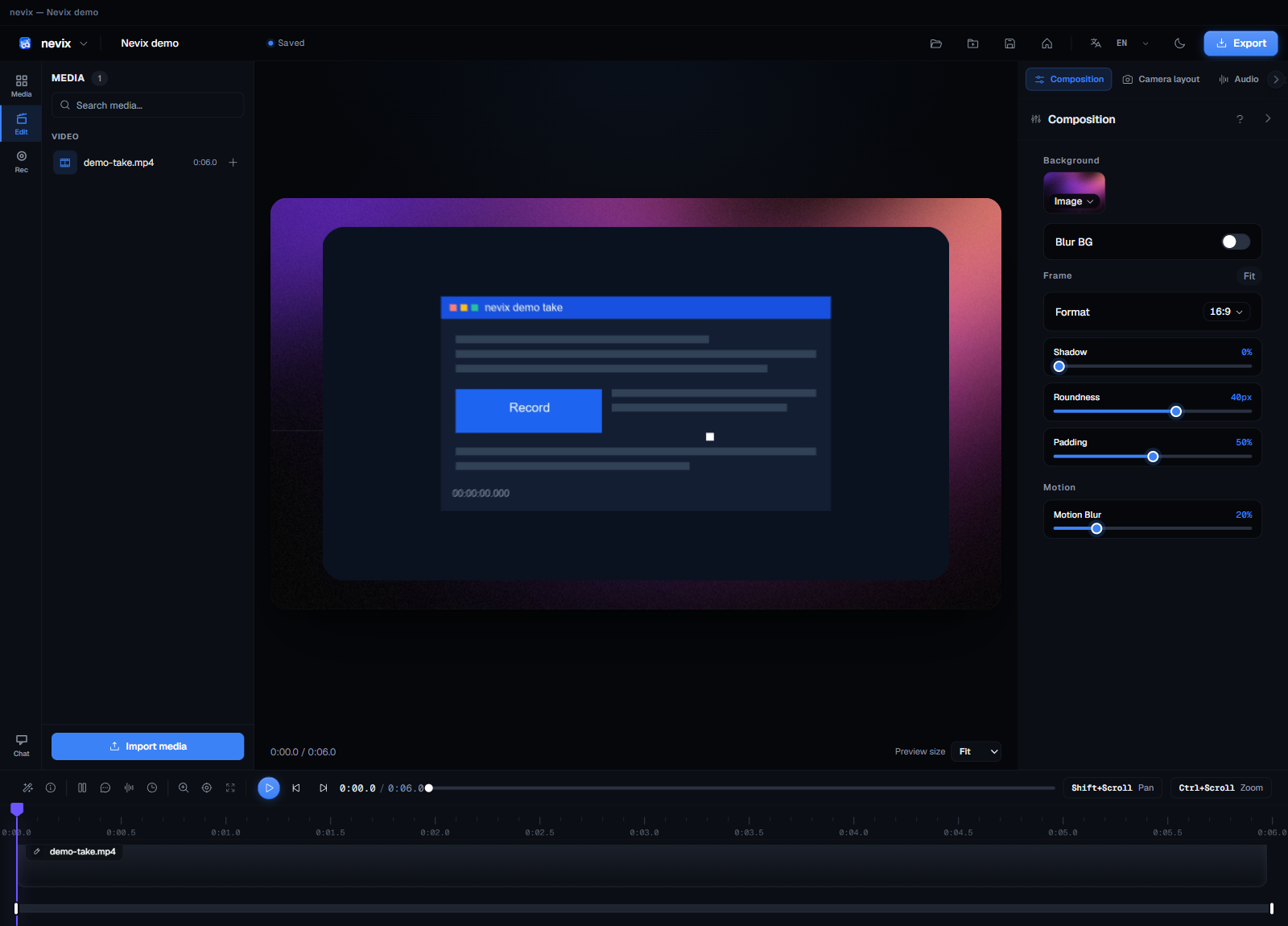 The Nevix editor with a recorded screen take on the canvas, the media library on the left, and the take on the timeline